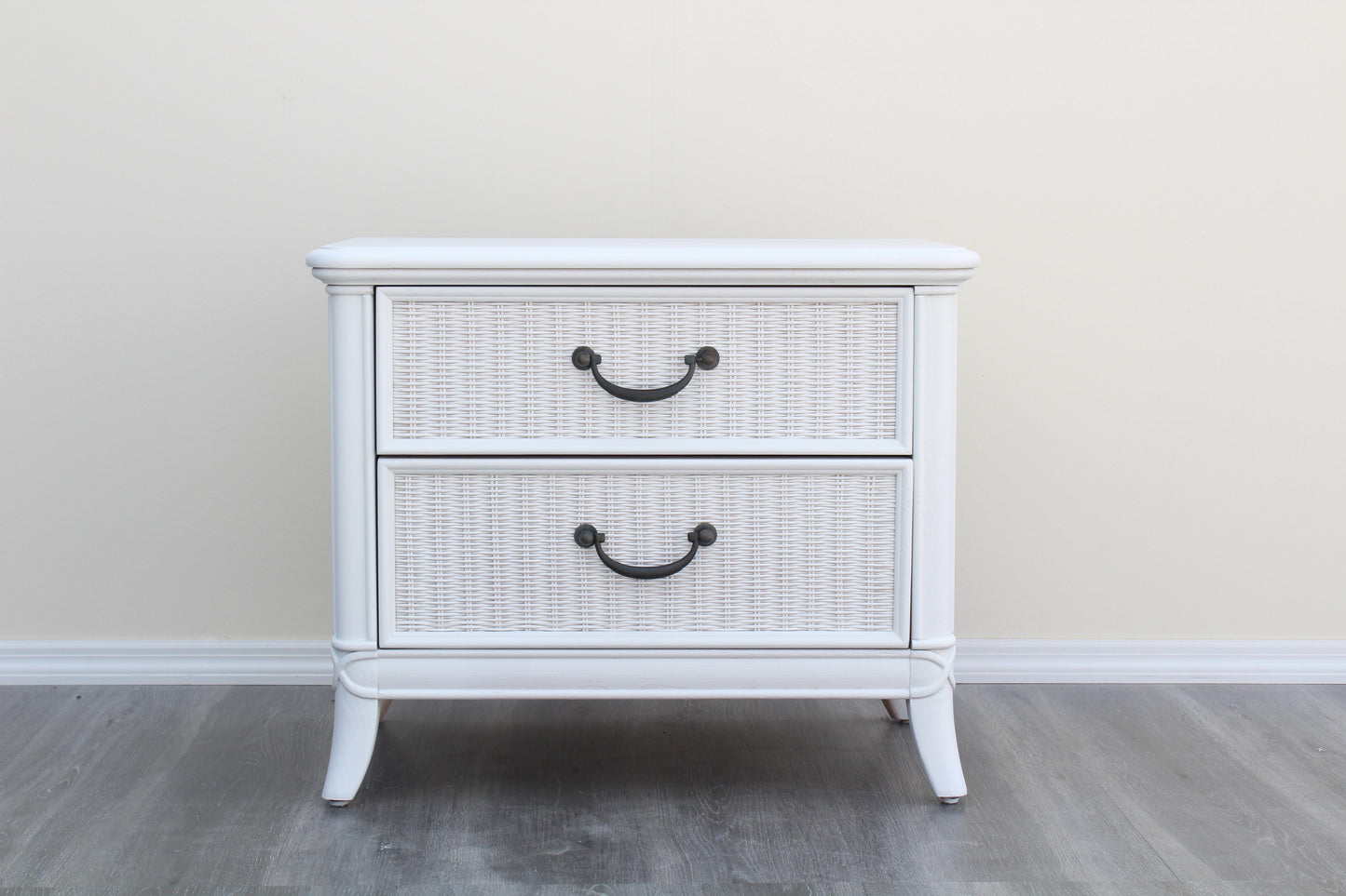 1970's Wicker and Walnut White Nightstands, a Pair