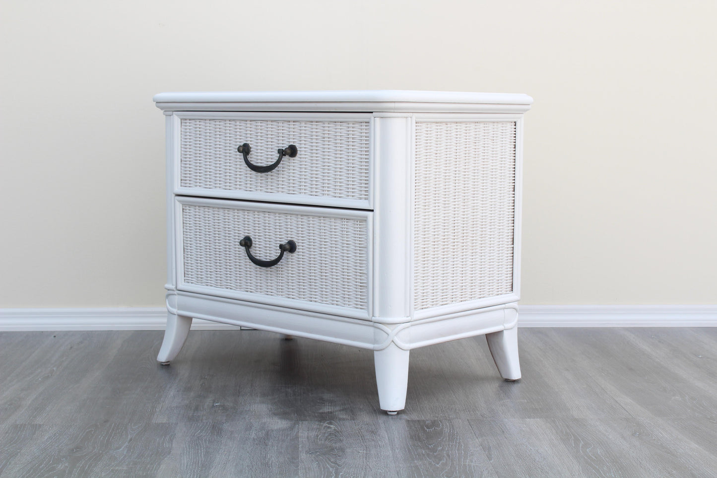 1970's Wicker and Walnut White Nightstands, a Pair