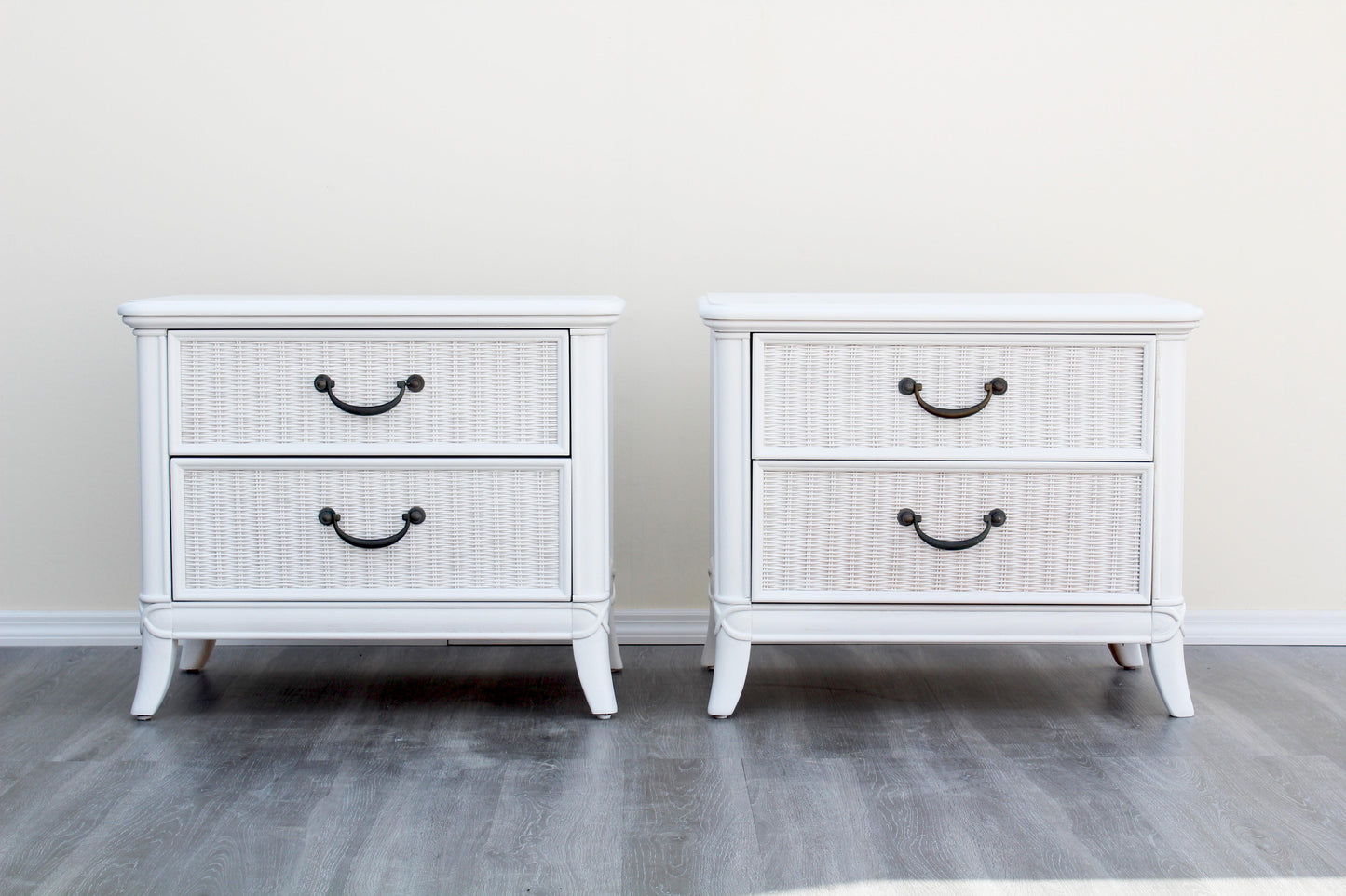 1970's Wicker and Walnut White Nightstands, a Pair