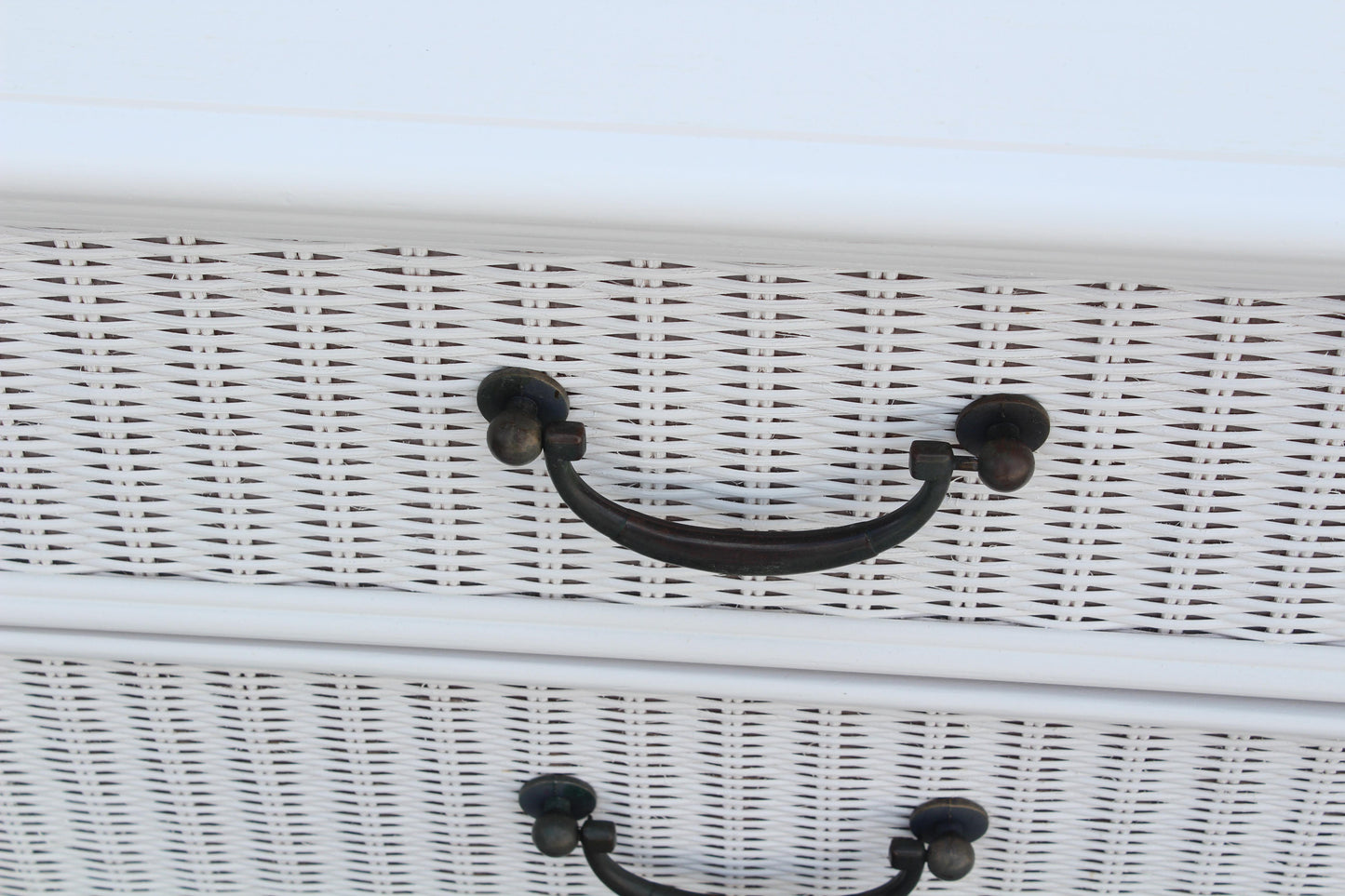 1970's Wicker and Walnut White Nightstands, a Pair