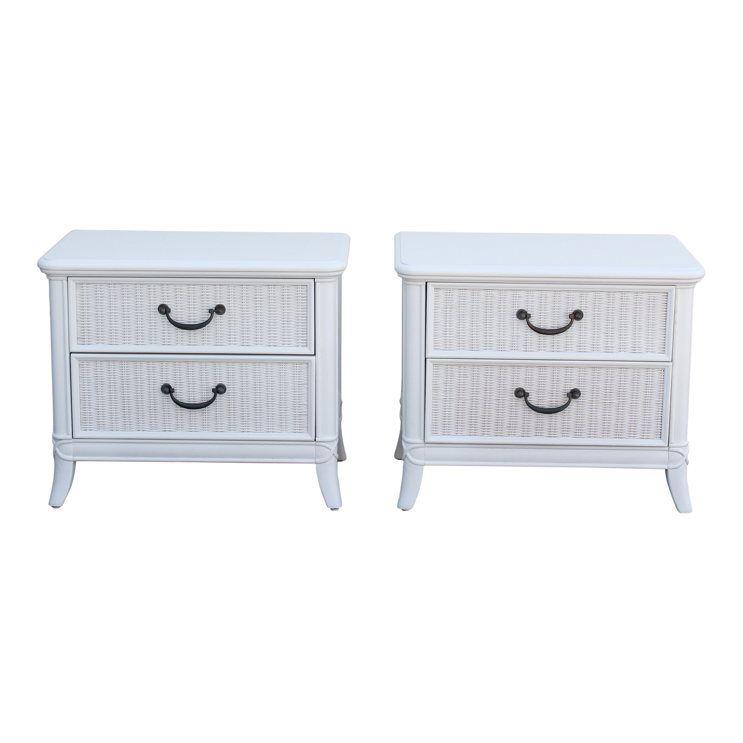 Pair of walnut and wicker nightstands By Martinsville. These nightstands are refinished in white with a satin topcoat. Dimensions: 26"Width x 17"Depth x 24"Height.