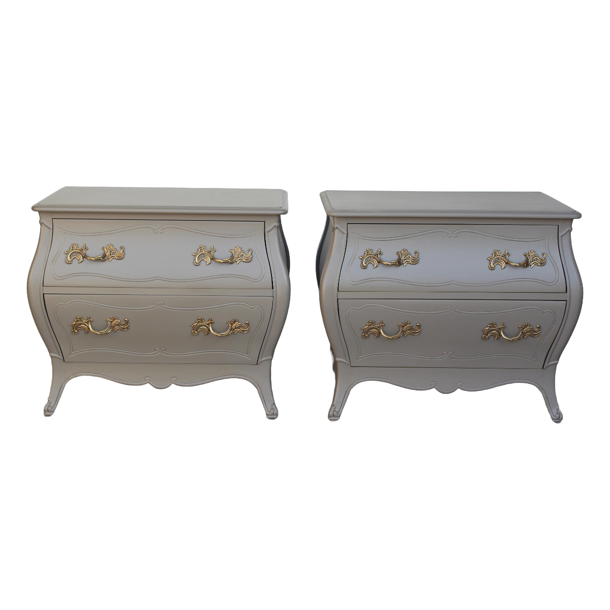 Pair of Mid Century Henredon Nightstands.  These nightstands are solid built with with dovetail joints.  These nightstands are professionally refinished in greige gray with satin finish.  Dimensions; 28"Width x 18"Depth x 24.5"Height. 