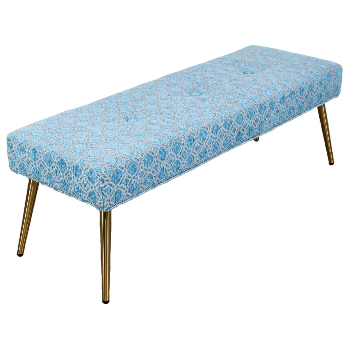 Elegant bench upholstered in high end light blue and gray chenille textile with brushed steel legs.  Dimensions: 48"Width x 16"Depth x 17.5"Height. 