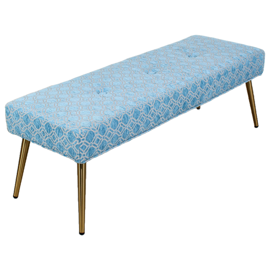 Elegant bench upholstered in high end light blue and gray chenille textile with brushed steel legs.  Dimensions: 48"Width x 16"Depth x 17.5"Height. 