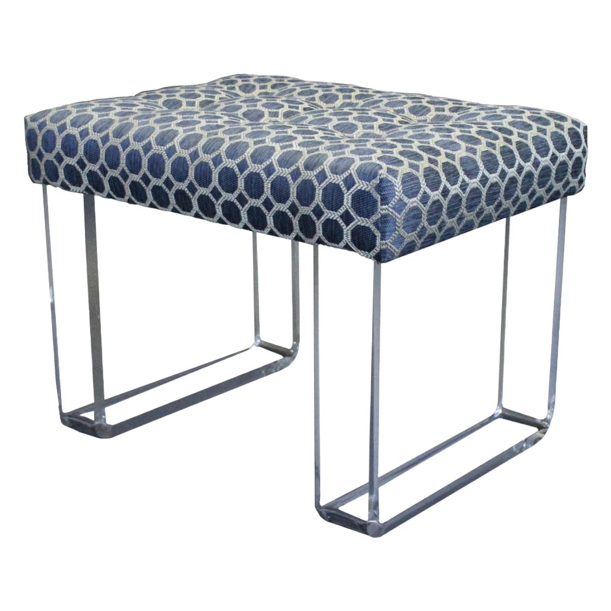 Exclusive infinity style Lucite Bench.  This bench is upholstered in a luxurious blue brocade chenille supported by the infinity acrylic legs creating the illusion of a floating cushion.  This is a limited edition. Dimensions: 22"Width x 16"Depth x 17"Height. 