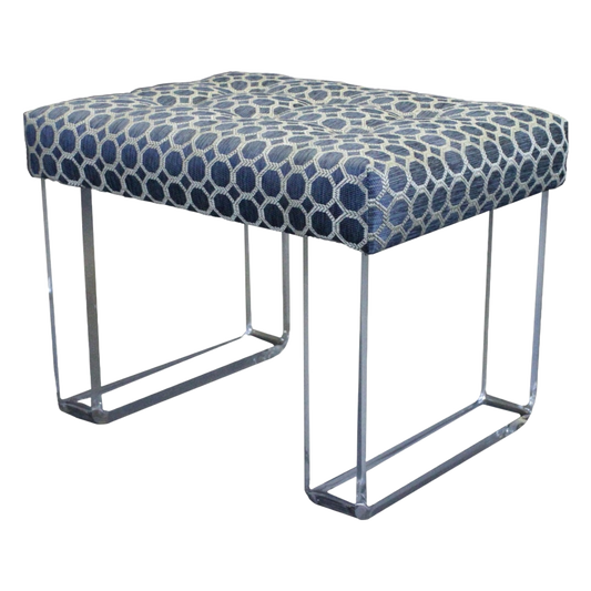 Exclusive infinity style Lucite Bench.  This bench is upholstered in a luxurious blue brocade chenille supported by the infinity acrylic legs creating the illusion of a floating cushion.  This is a limited edition. Dimensions: 22"Width x 16"Depth x 17"Height. 