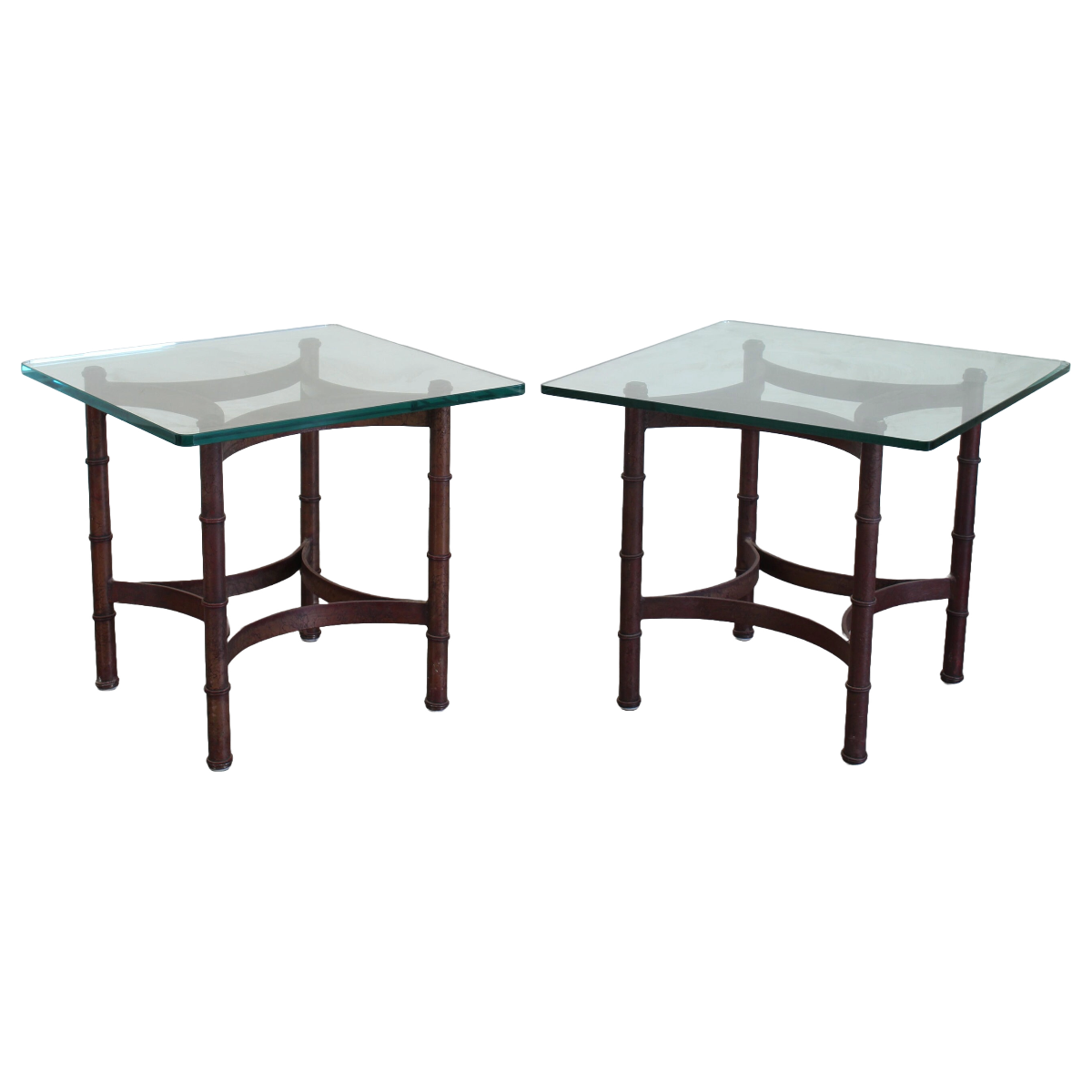 Pair of vintage faux bamboo iron side table with glass top.  This table are gold painted with black splatters.  Dimensions; 24" Width x 24" Depth x 22" Height. 