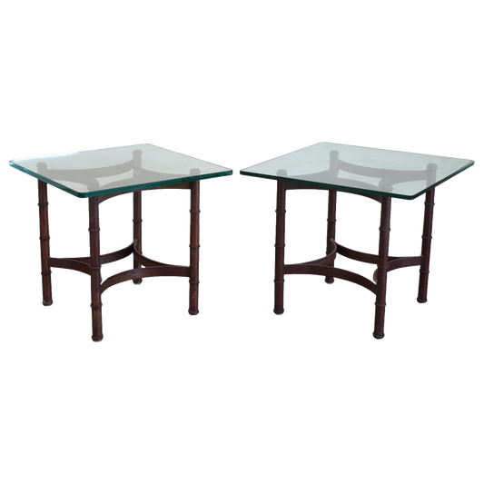 Pair of vintage faux bamboo iron side table with glass top.  This table are gold painted with black splatters.  Dimensions; 24" Width x 24" Depth x 22" Height. 