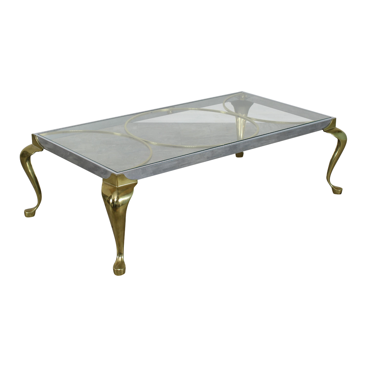 Modern Pace brass and chrome coffee table with queen Anne legs.  Solid with vintage patina.  Dimensions; 48" Width x 24" Depth x 15" Height. 