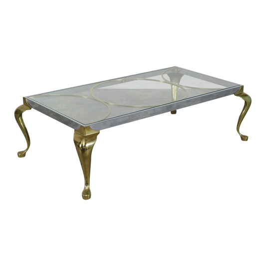 Modern Pace brass and chrome coffee table with queen Anne legs.  Solid with vintage patina.  Dimensions; 48" Width x 24" Depth x 15" Height. 