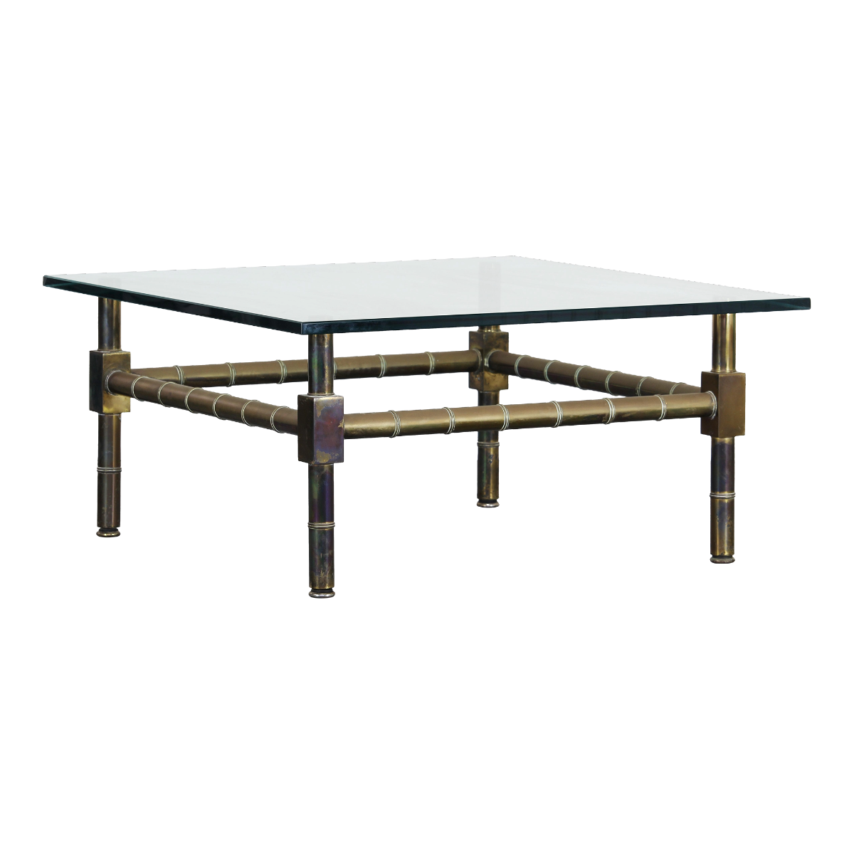 Mid Century Mastercraft brass coffee table with glass top.  This table has a nice vintage patina.  Dimensions: 35"Width x 35" Depth x 16"Height. 