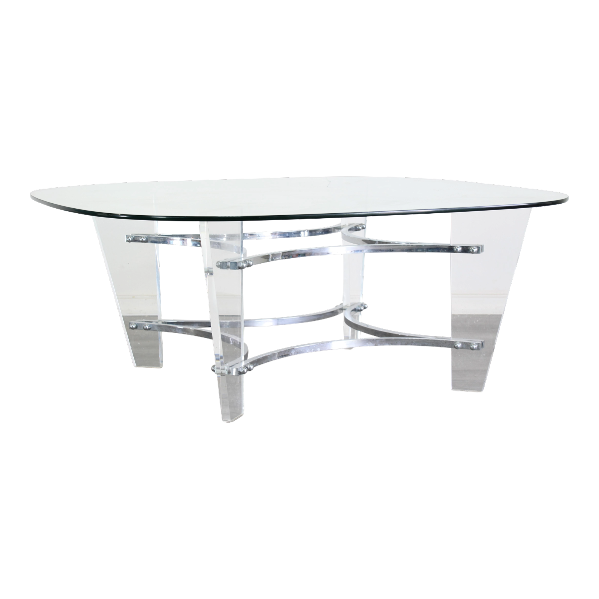 Vintage Lucite and chrome coffee table with glass top.  This table is in great vintage condition.  Dimensions; 42" Width x 42" Height x 17" Heigh