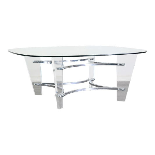 Vintage Lucite and chrome coffee table with glass top.  This table is in great vintage condition.  Dimensions; 42" Width x 42" Height x 17" Heigh