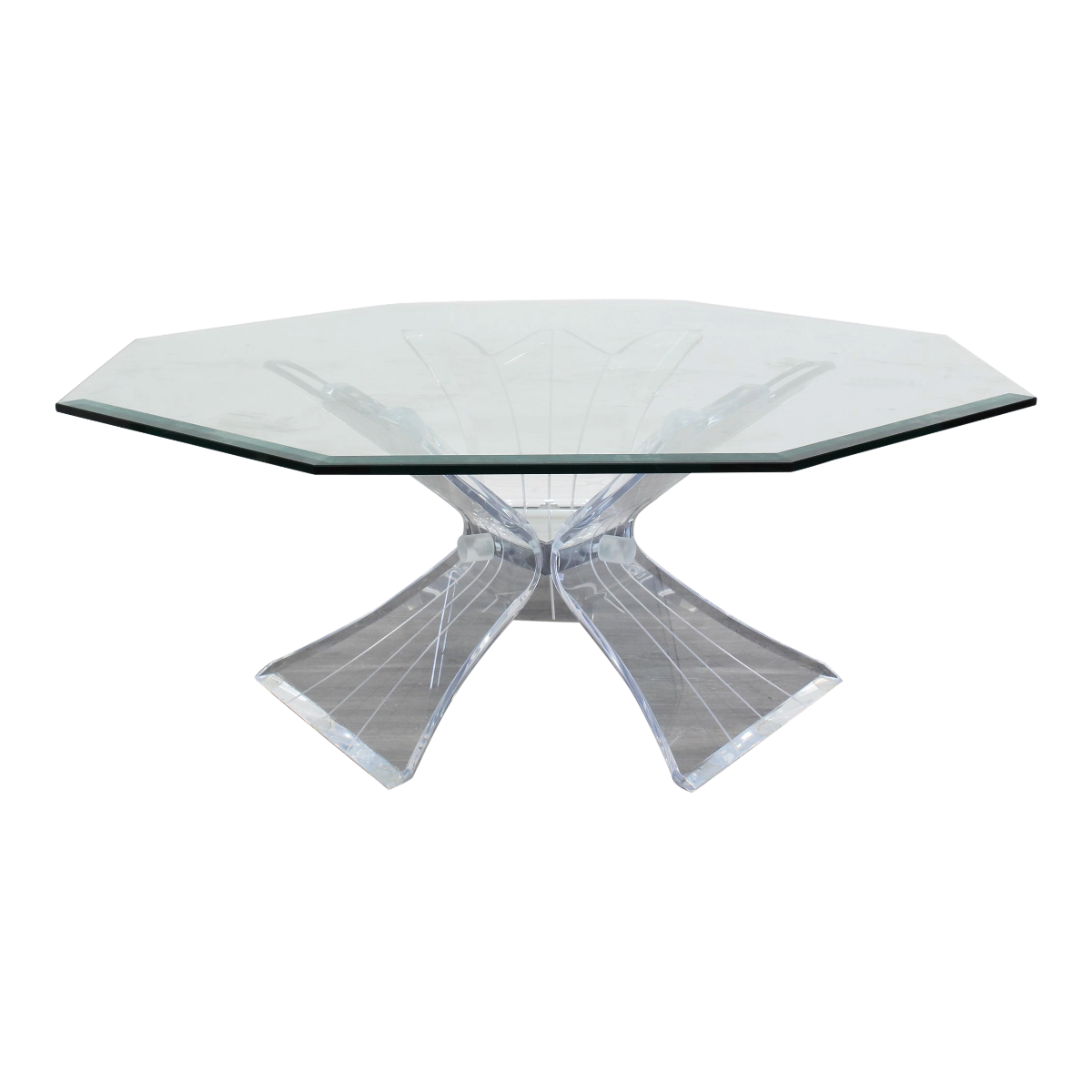 Vintage Lucite butterfly coffee table with Octagonal glass top.  This lovely table is in great vintage condition. Dimension; 42 in. Width x 42 in. Depth x 16 in. Height. 