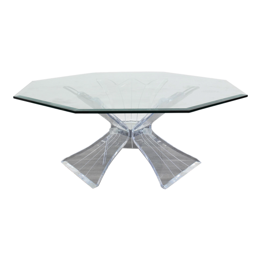 Vintage Lucite butterfly coffee table with Octagonal glass top.  This lovely table is in great vintage condition. Dimension; 42 in. Width x 42 in. Depth x 16 in. Height. 