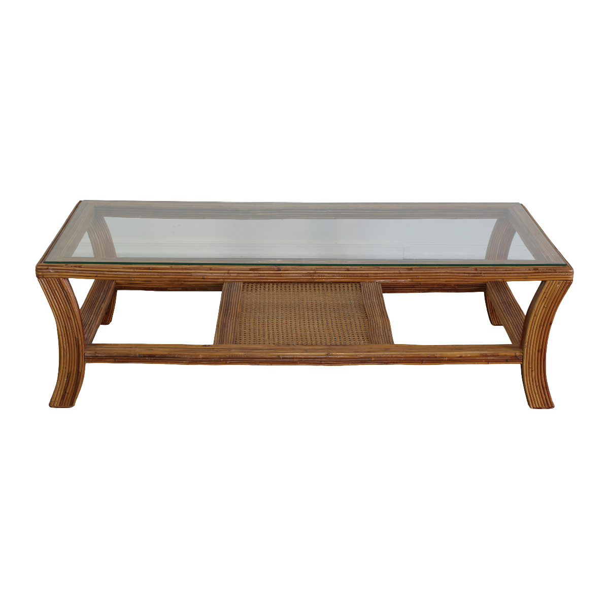 Vintage pencil reed coffee table with glass top.  Dimensions; 52" Width x 22" Depth x 16" Height. 