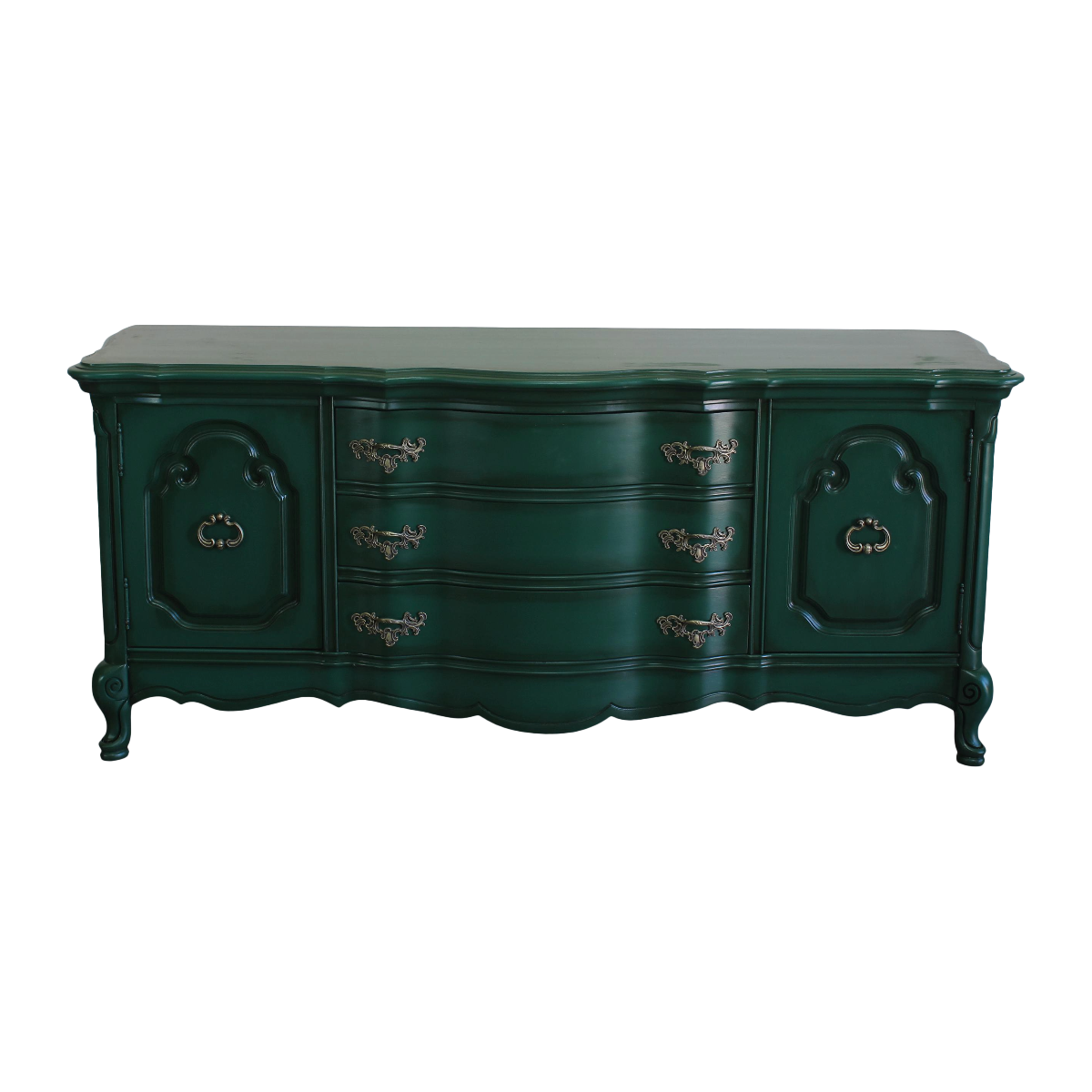 Vintage French style viridian green cabinet.  This is a solid built cabinet with a beautiful scalloped design and bentwood drawers, is  professionally refinished in a viridian green with an antique glaze finish.  Dimensions; 72" Width x 17" Depth x 28" Heigh