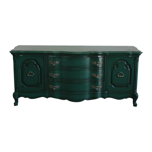 Vintage French style viridian green cabinet.  This is a solid built cabinet with a beautiful scalloped design and bentwood drawers, is  professionally refinished in a viridian green with an antique glaze finish.  Dimensions; 72" Width x 17" Depth x 28" Heigh