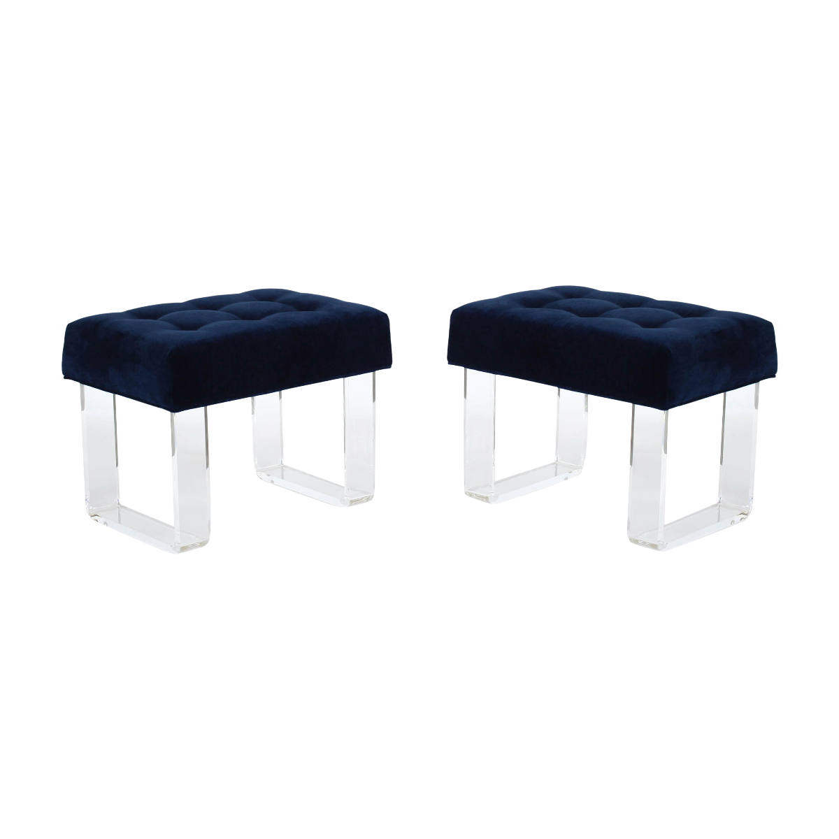 Elegant pair of custom waterfall acrylic benches with upholstered cushion in a lovely navy blue velvet textile.  Each acrylic leg was individual cut, bent and hand-polished to give the legs its light and luxurious finish.  Acrylic is 3/4"Thick, the cushions are upholstered in a lovely navy blue velvet