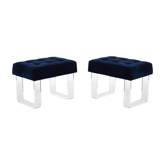 Elegant pair of custom waterfall acrylic benches with upholstered cushion in a lovely navy blue velvet textile.  Each acrylic leg was individual cut, bent and hand-polished to give the legs its light and luxurious finish.  Acrylic is 3/4"Thick, the cushions are upholstered in a lovely navy blue velvet