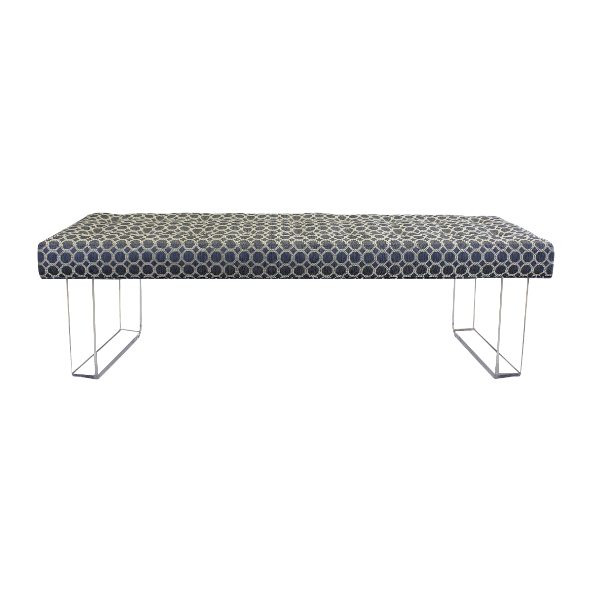 Exclusive infinity style Lucite Bench.  This bench is upholstered in a beautiful Blue brocade Chenille textile supported by the infinity Lucite legs creating the illusion of a elegant and seamless floating cushion.  Bench is in excellent condition.  Dimensions: 60 Width x 16 Depth x 17.5 Height.