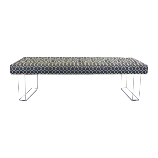 Exclusive infinity style Lucite Bench.  This bench is upholstered in a beautiful Blue brocade Chenille textile supported by the infinity Lucite legs creating the illusion of a elegant and seamless floating cushion.  Bench is in excellent condition.  Dimensions: 60 Width x 16 Depth x 17.5 Height.