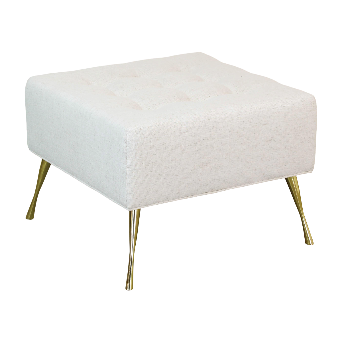 Luxurious Italian style ottoman upholstered in a lovely high end chenille textile supported by Italian Style Legs.  Dimensions; 24"Widths 24"Depth x 18"Height. 