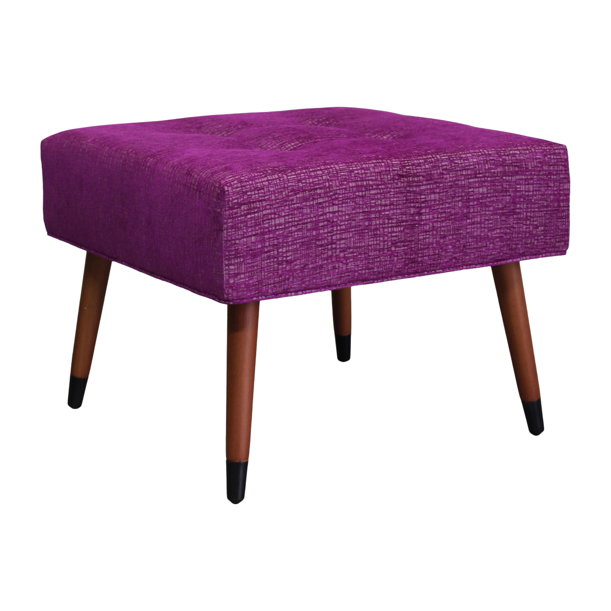 Mid century style ottoman upholstered in a high end chenille textile.  This ottoman is supported by walnut legs.  Dimensions; 24" Width x 24" Depth x 19" Height. 