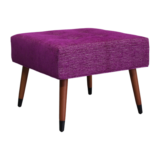 Mid century style ottoman upholstered in a high end chenille textile.  This ottoman is supported by walnut legs.  Dimensions; 24" Width x 24" Depth x 19" Height. 