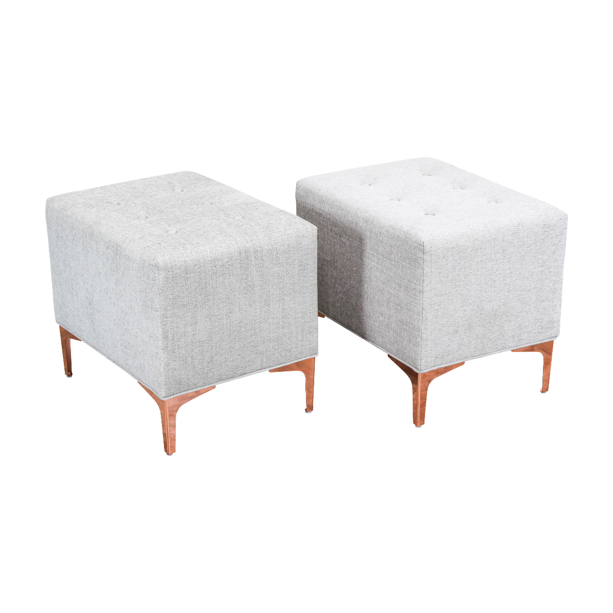 Elegant pair of custom design ottomans upholstered in a soft cream chenille fabric  and supported by elegant Italian style feet with rose gold finish.  Dimensions; 22"Width x 16"Depth x 18"Height.