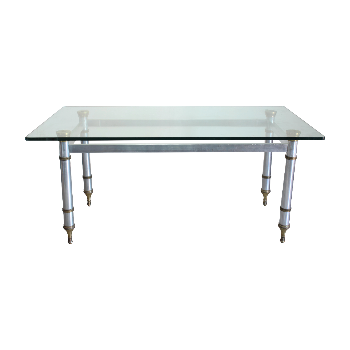 Vintage aluminum dining table with glass top.  Dimensions; 68" Width x 37.5" Depth x 30" Height. 