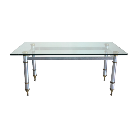 Vintage aluminum dining table with glass top.  Dimensions; 68" Width x 37.5" Depth x 30" Height. 