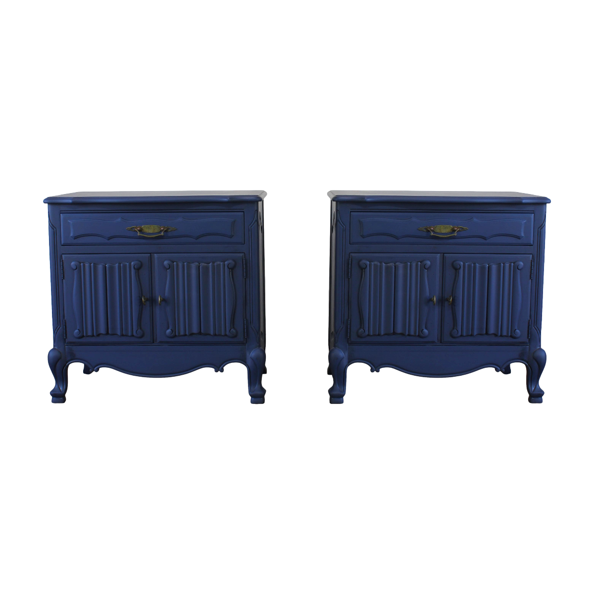 Vintage pair of French Style Nightstands.  These nightstands are solid built with a dovetail drawer and double doors that open to a storage space.  These nightstands are professionally refinished in blue with antique glaze and brass hardware.  Dimensions; 27" Width x 17" Depth x 27" Height. 