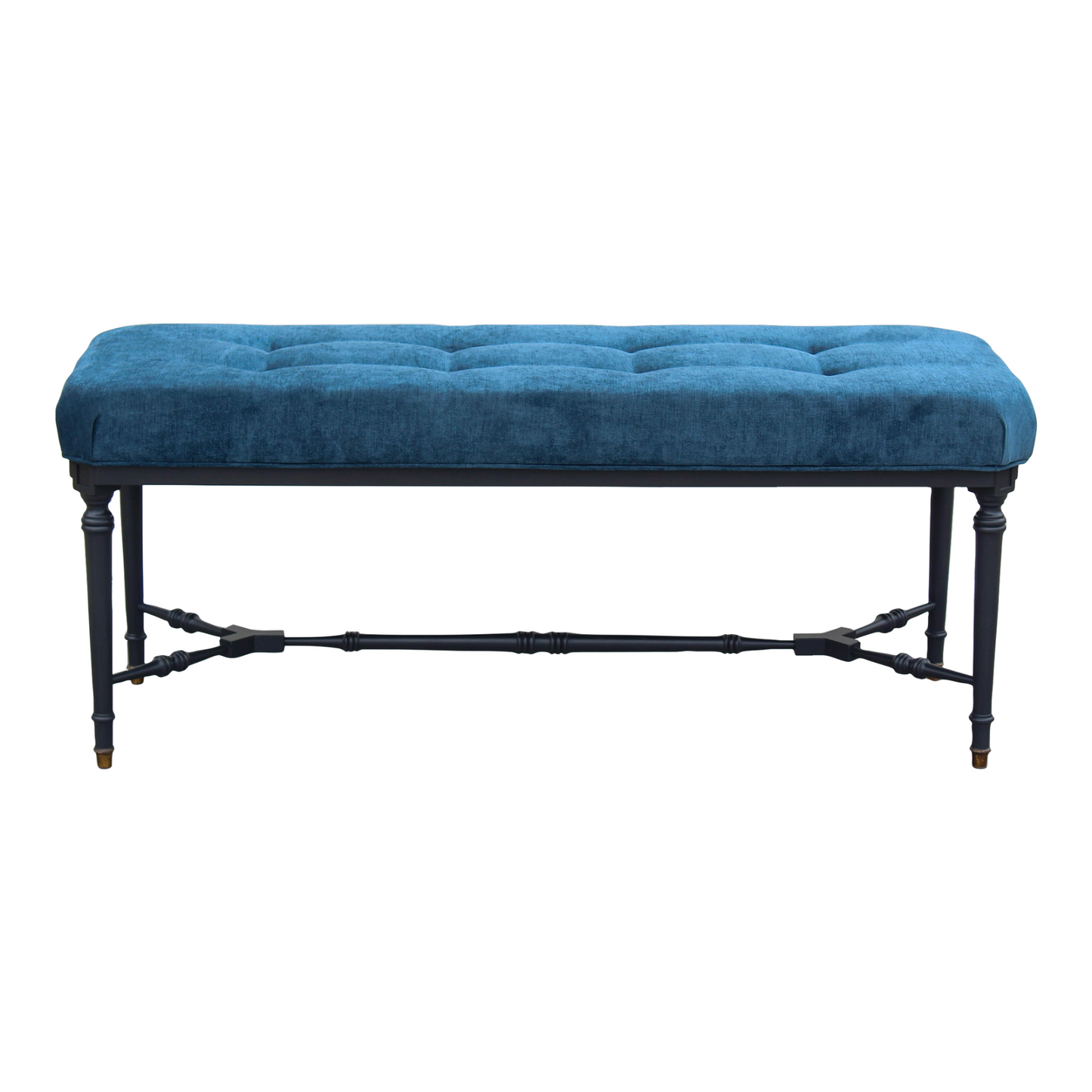 Mid-Century Blue Velvet Bench With Black Base