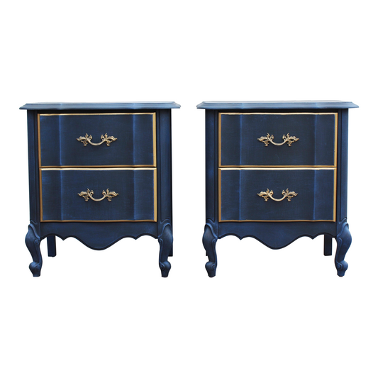 Late 20th Century Pair of French Provincial Blue and Gold Nightstands