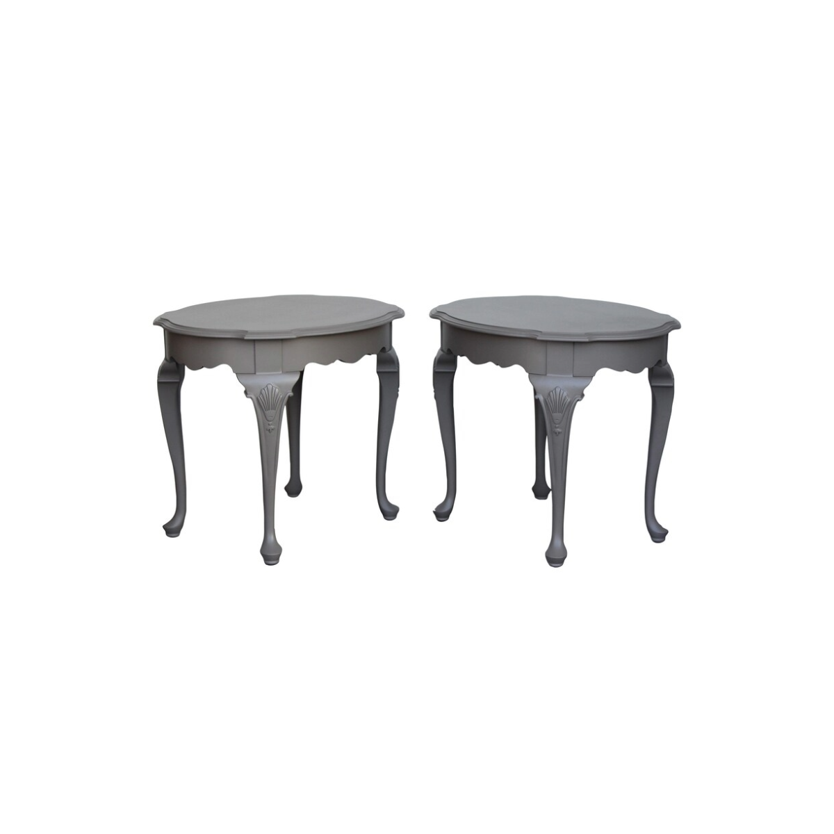 Pair of solid built Georgian style side tables.  These tables are professionally refinished in greige gray with a satin finish.  Dimensions; 28"Width x 22"Depth x 23"Height. 