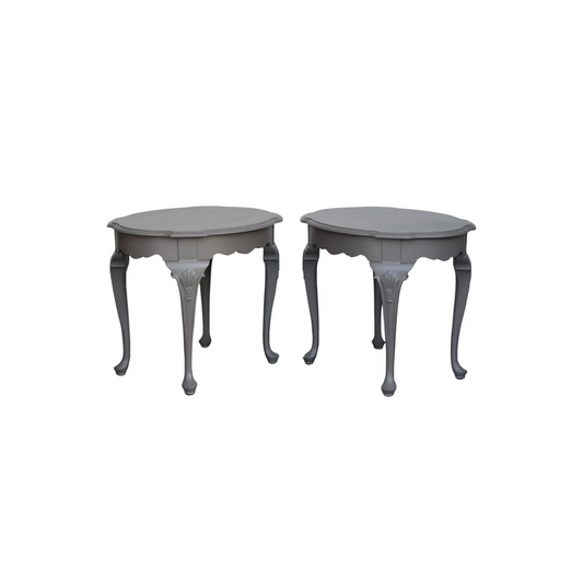 Pair of solid built Georgian style side tables.  These tables are professionally refinished in greige gray with a satin finish.  Dimensions; 28"Width x 22"Depth x 23"Height. 