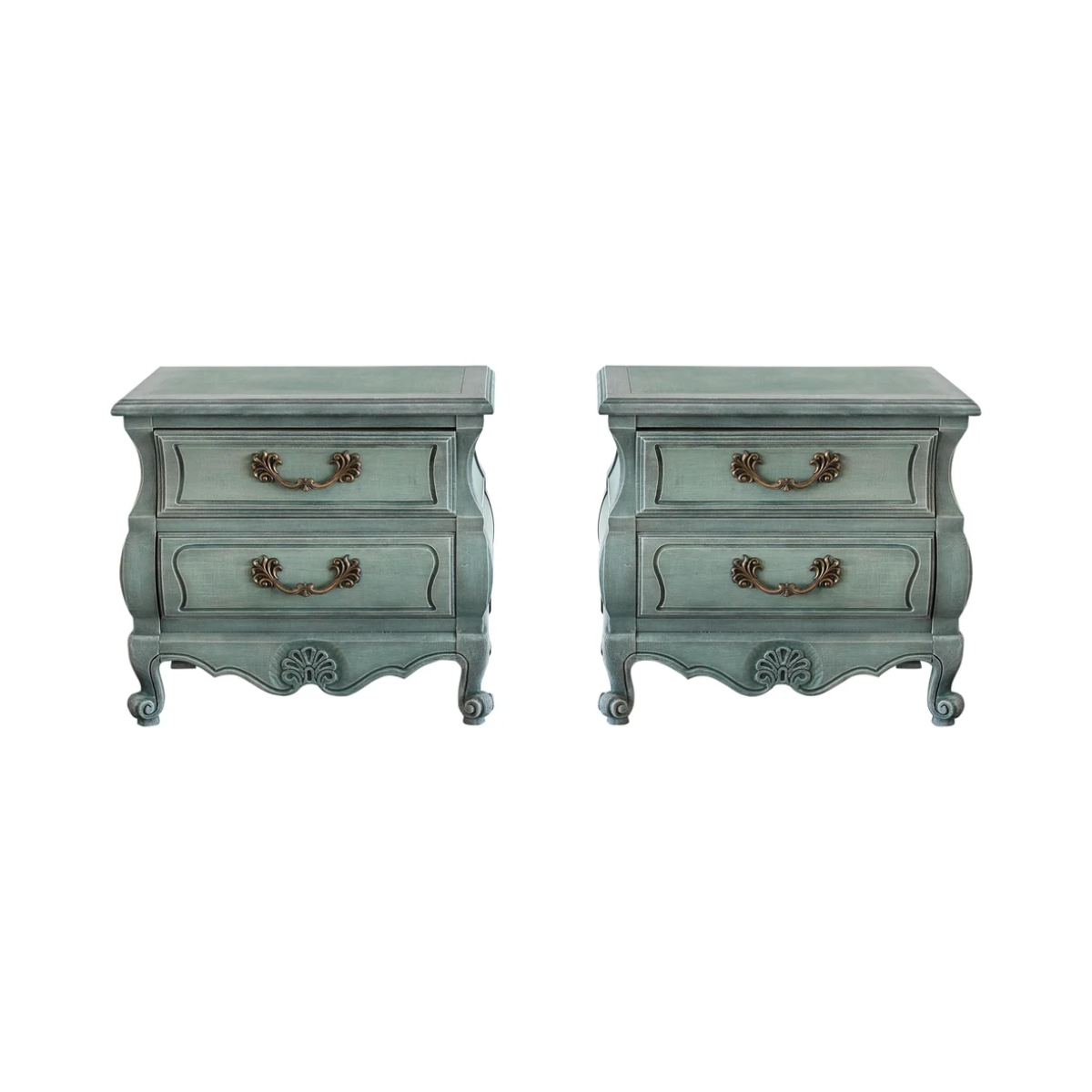 Pair of vintage Bombay nightstands.  These nightstands are professionally refinished in green with dry-brushed finish.  Dimensions, 28"Width x 17"Depth x 26"Height.