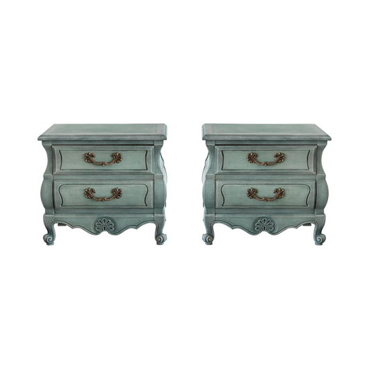 Pair of vintage Bombay nightstands.  These nightstands are professionally refinished in green with dry-brushed finish.  Dimensions, 28"Width x 17"Depth x 26"Height.