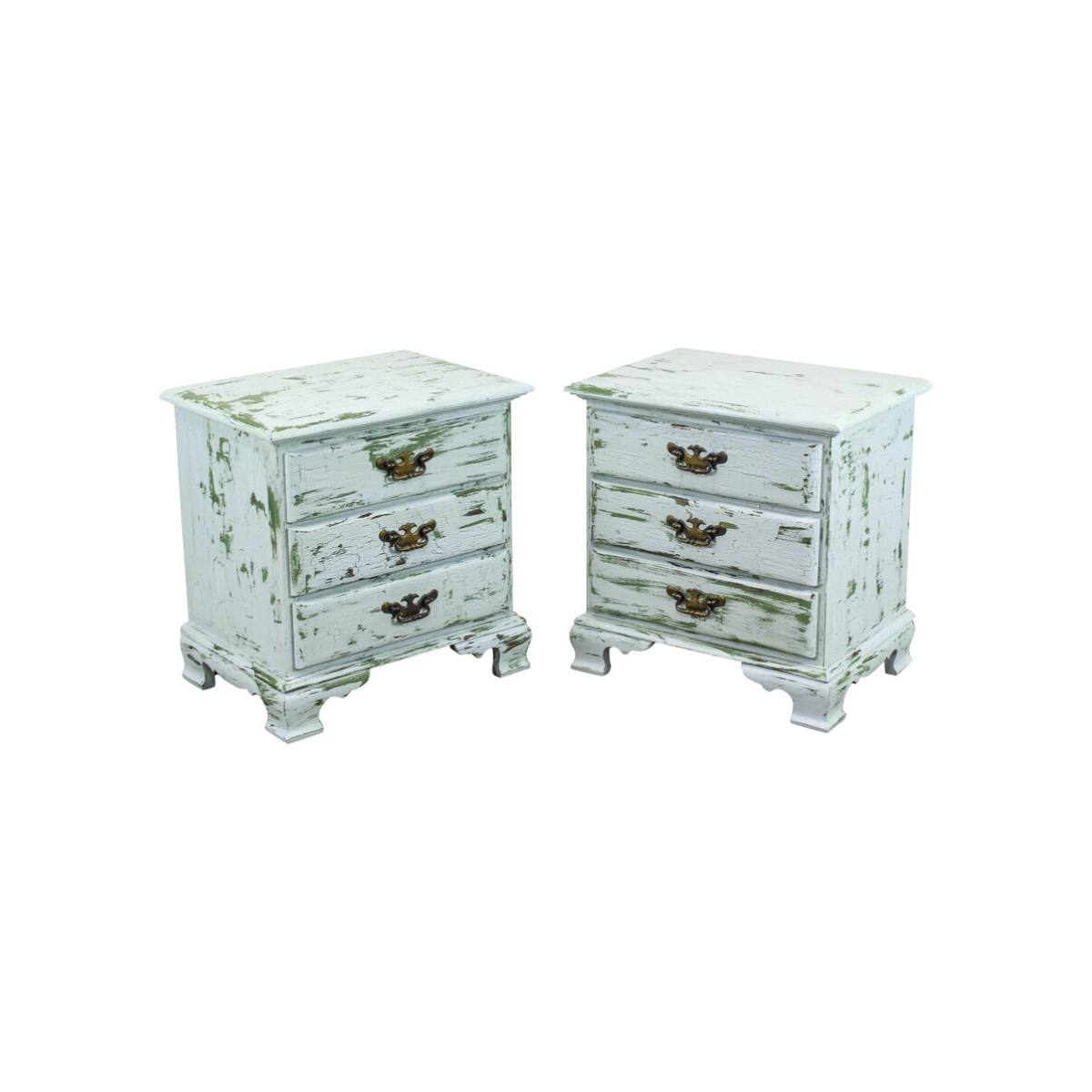 Pair of Mid Century Georgian style nightstands.  This pair of nightstands are hand- painted in green and gray in a  distressed finish  with metal hardware.  Dimensions; 24"Width x 17"Depth x 25"Height. 