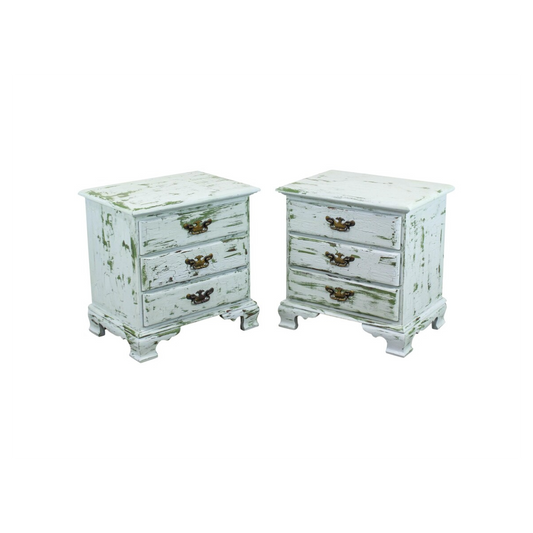Pair of Mid Century Georgian style nightstands.  This pair of nightstands are hand- painted in green and gray in a  distressed finish  with metal hardware.  Dimensions; 24"Width x 17"Depth x 25"Height. 