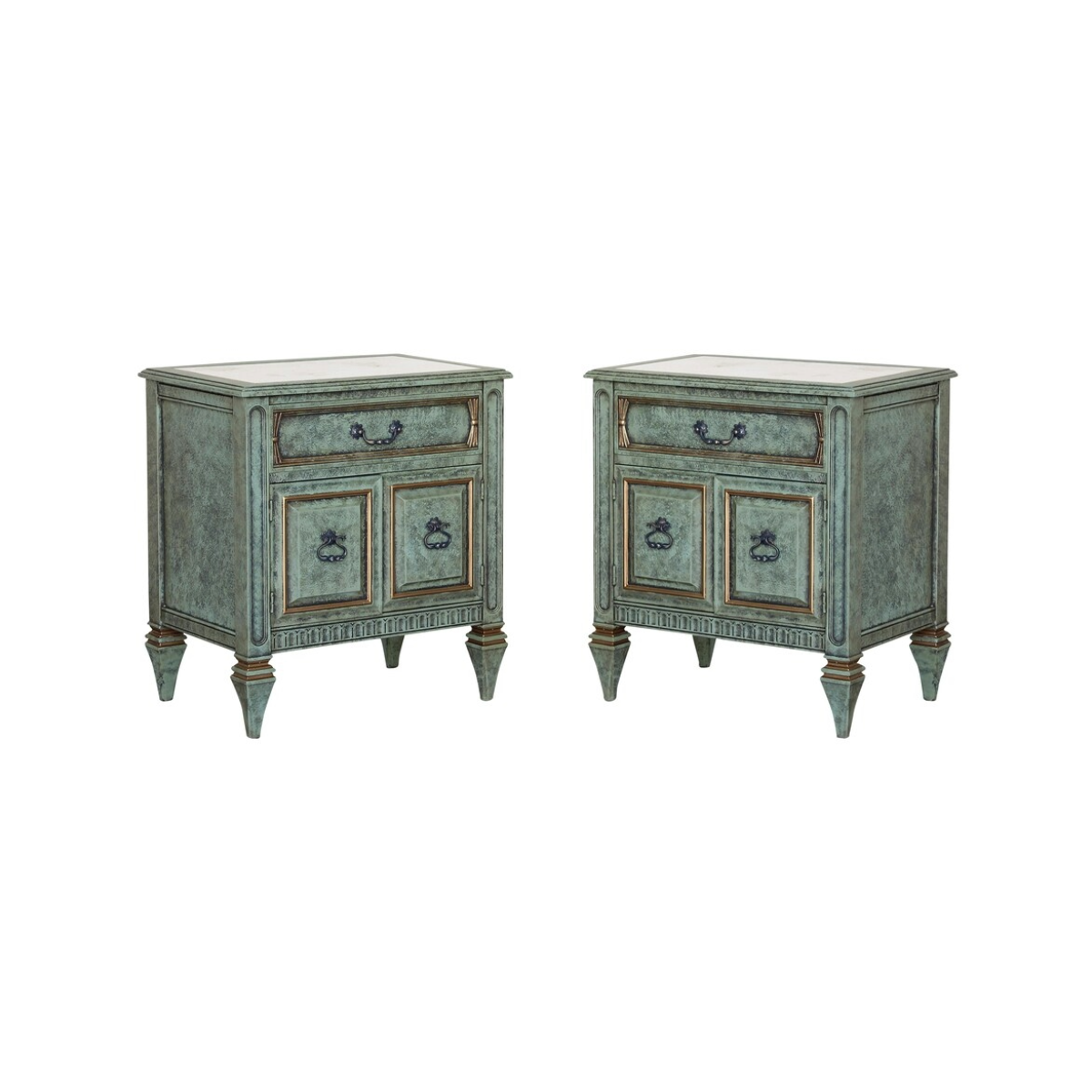 Pair of Mid-century walnut nightstands professionally refinished in green with gold painted accents.  The nightstands are solid built with dovetail joint and Italian Marble tops.  Dimensions: 25"Width x 17"Depth x 28"Height