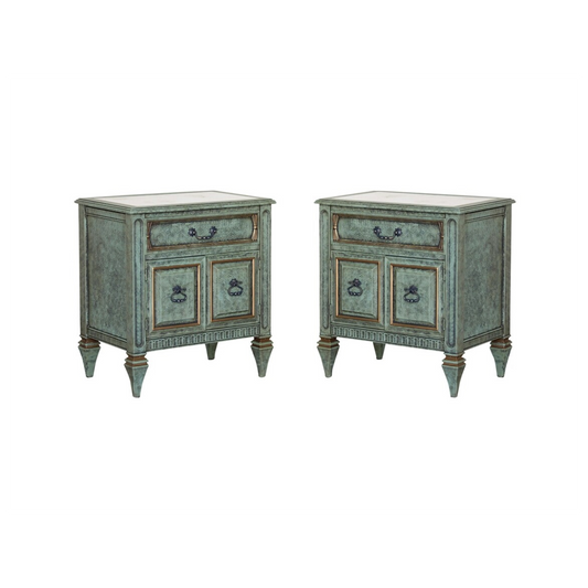 Pair of Mid-century walnut nightstands professionally refinished in green with gold painted accents.  The nightstands are solid built with dovetail joint and Italian Marble tops.  Dimensions: 25"Width x 17"Depth x 28"Height