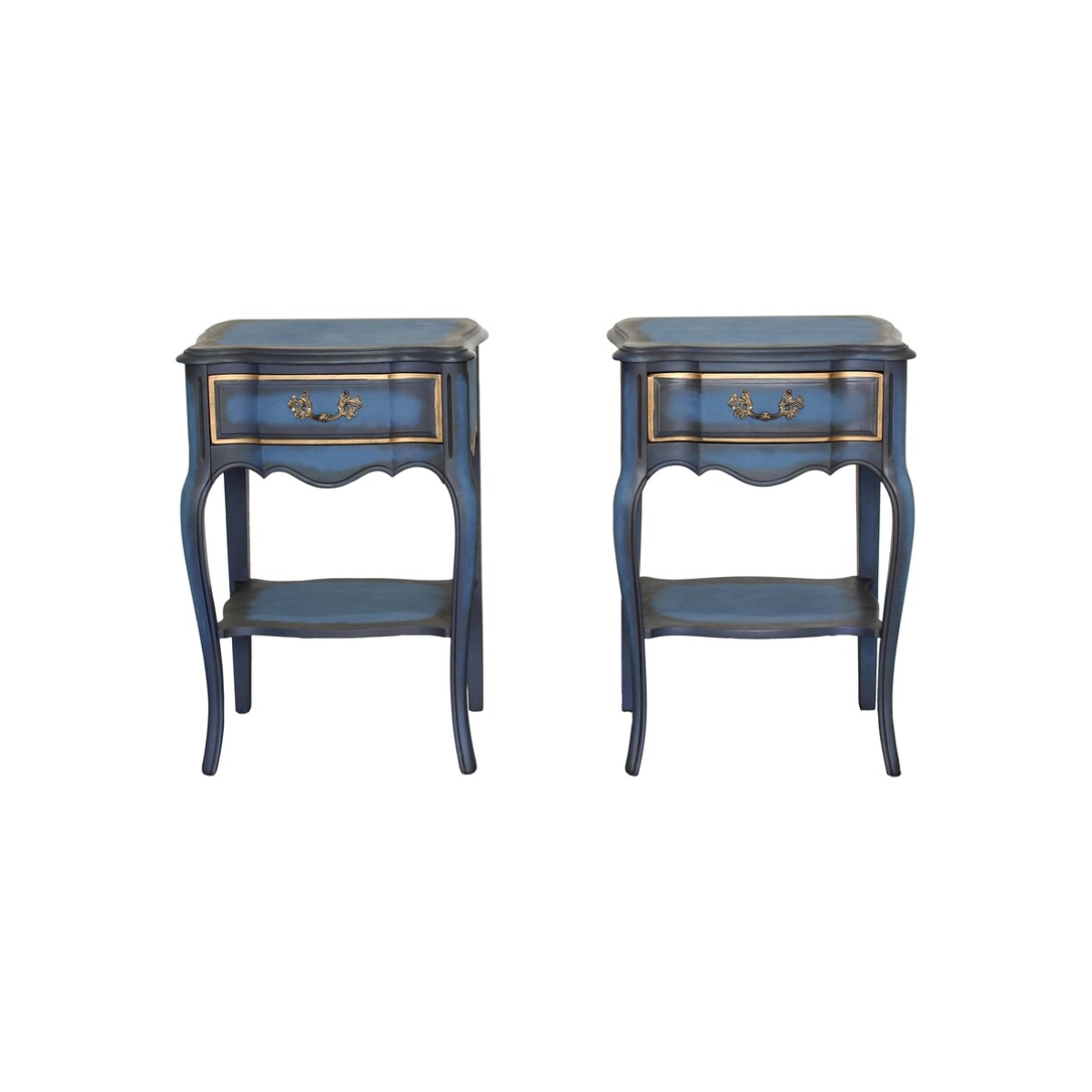 Vintage solid built French style nightstands with dovetail joints.  The nightstands are professionally refinished in blue with an antique glaze and gold painted accents.  Dimensions; 19" Width x 15" Depth x 29"Height. 