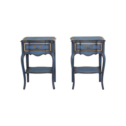 Vintage solid built French style nightstands with dovetail joints.  The nightstands are professionally refinished in blue with an antique glaze and gold painted accents.  Dimensions; 19" Width x 15" Depth x 29"Height. 