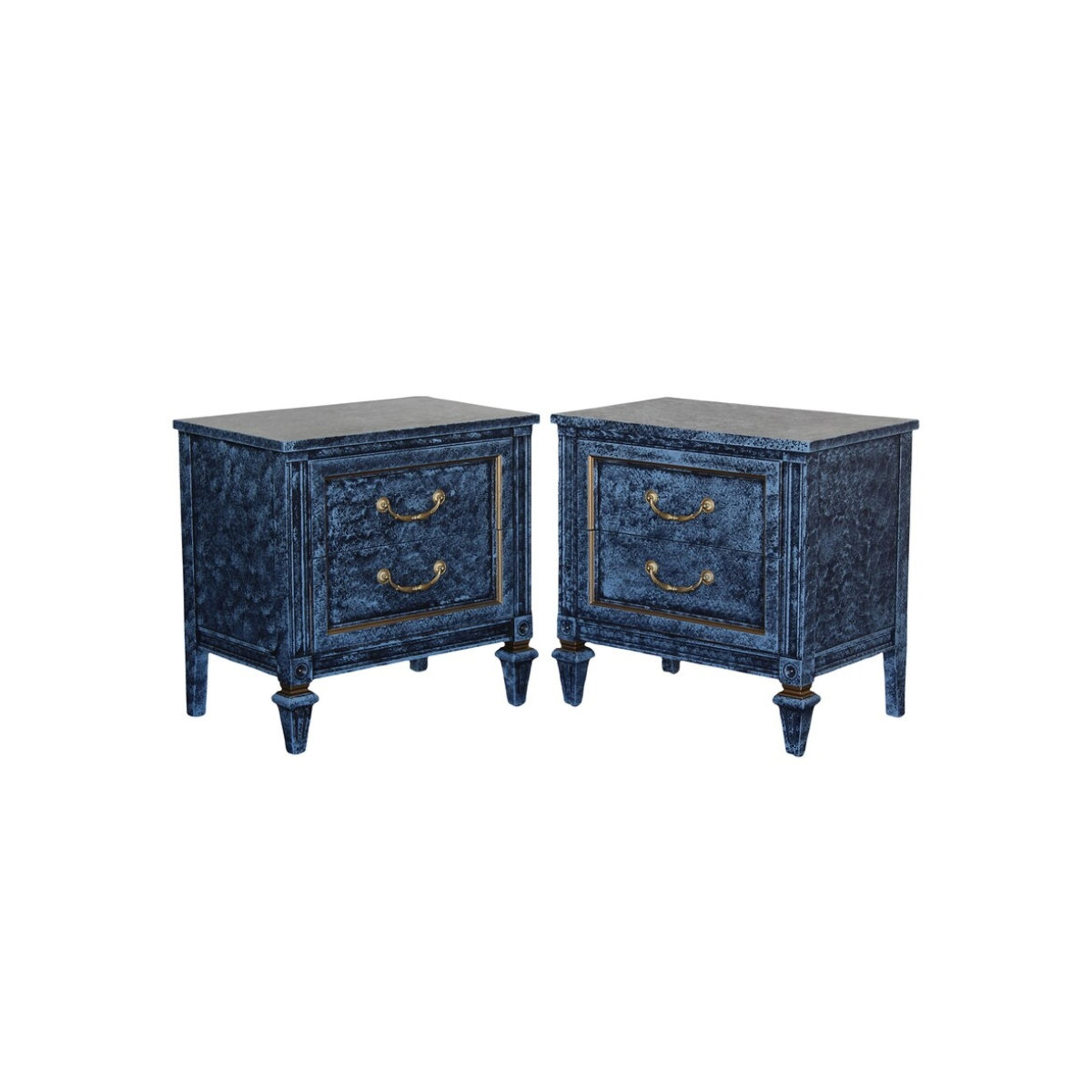 Pair of Mid century solid built walnut nightstands.  The nightstands are professionally refinished with a blue faux finish.  Dimensions: 25"width x 16"Depth x 25"Height. 