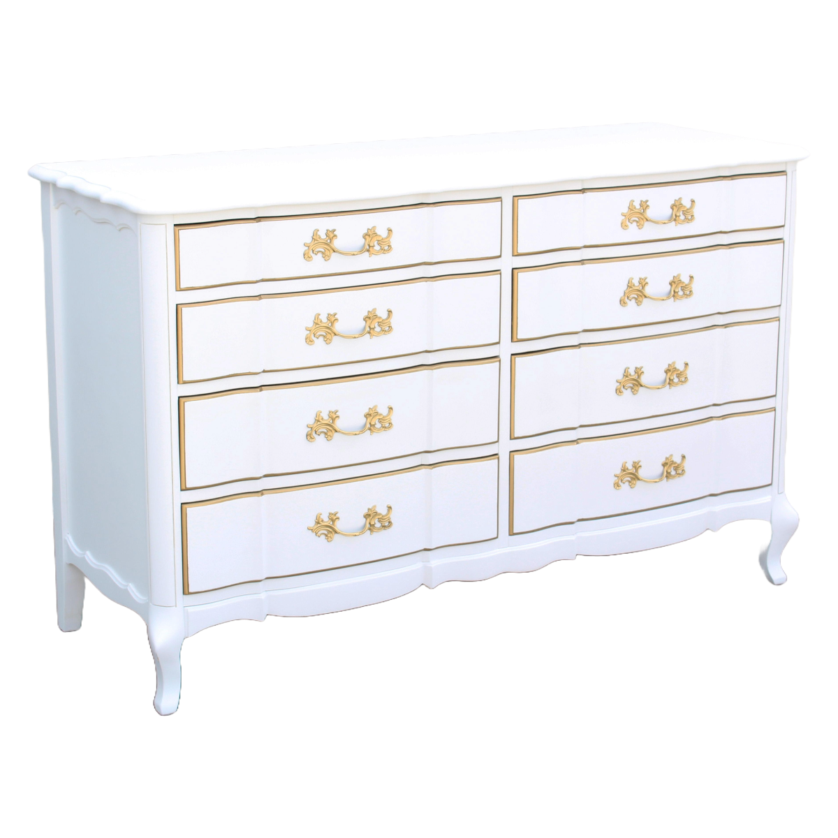 1970's French Provincial Dresser of Eight Drawers by Permacraft.  This dresser is solid built with dovetail joints and metal hardware, is newly refinished in white and gold with satin topcoat.  Dimensions: 54"Width x 20"Depth x 34"Height. 