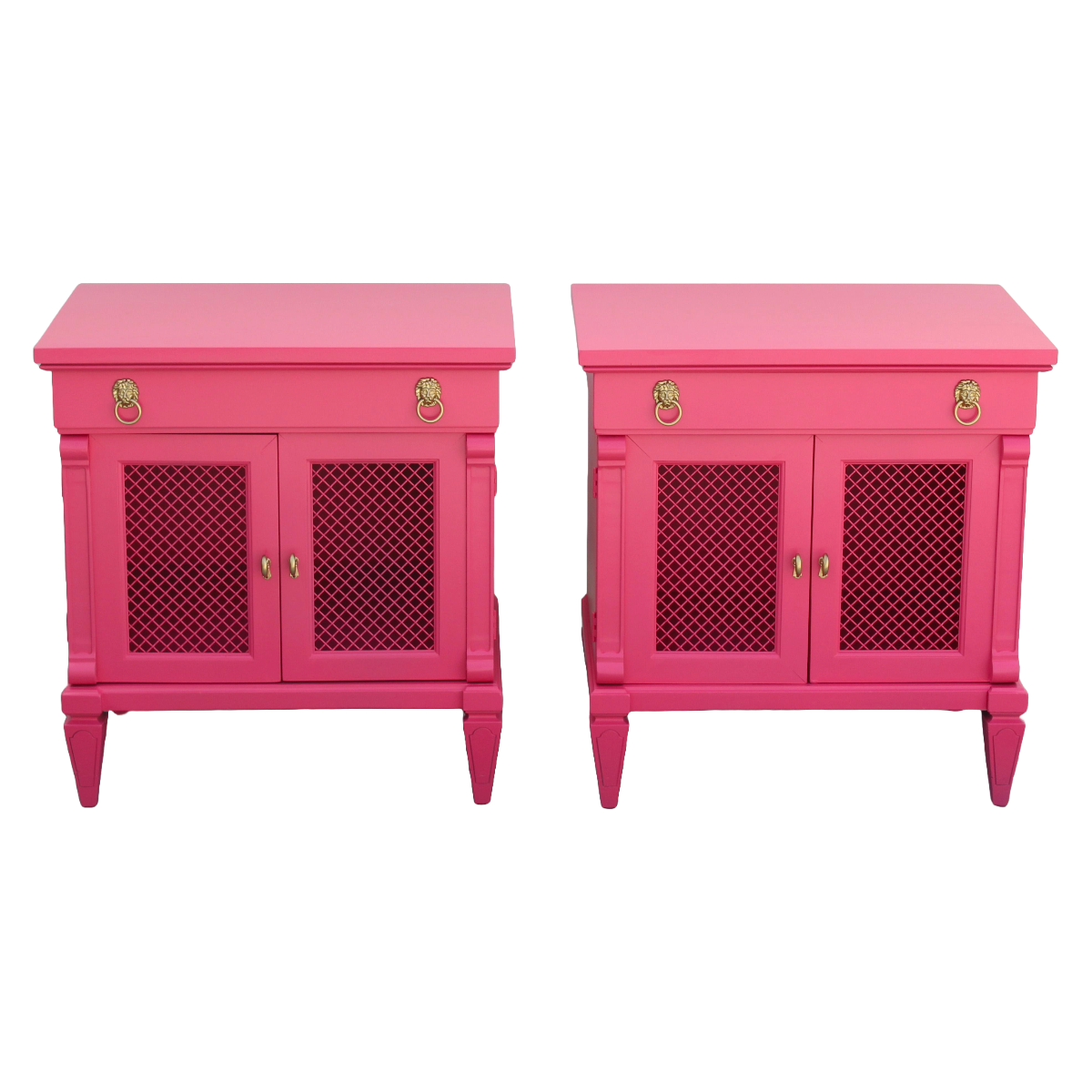 Pair of Mid-Century Coral Pink Nightstands.  The nightstands are solid built with dovetail joints, are newly refinished in coral pink with satin topcoat.  Dimensions: 23"Width x 16"Depth x 24"Height.