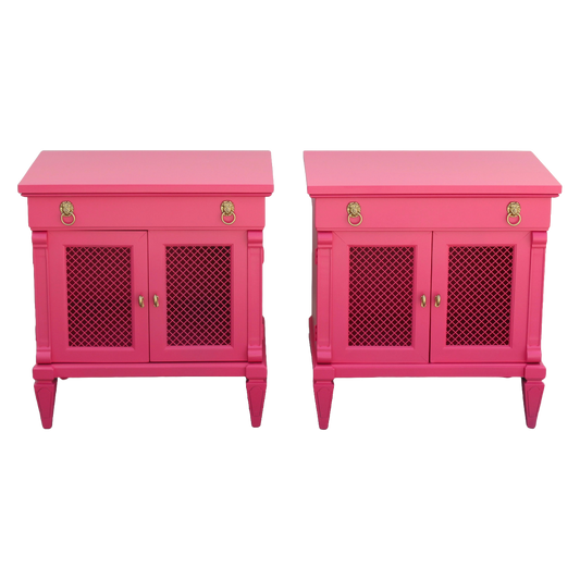 Pair of Mid-Century Coral Pink Nightstands.  The nightstands are solid built with dovetail joints, are newly refinished in coral pink with satin topcoat.  Dimensions: 23"Width x 16"Depth x 24"Height.