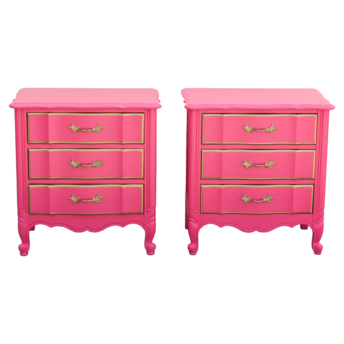 Pair of French Provincial Coral Pink Nightstands.  The nightstands are solid built with dovetail joints and metal hardware, are professionally refinished in coral pink and gold with satin topcoat.  Dimensions: 25"Width x 16"Depth x 26"Height. 